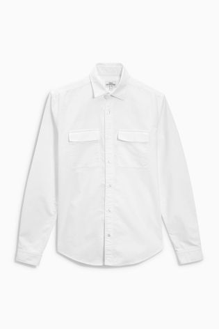 White Long Sleeve Twin Pocket Oxford Shirt